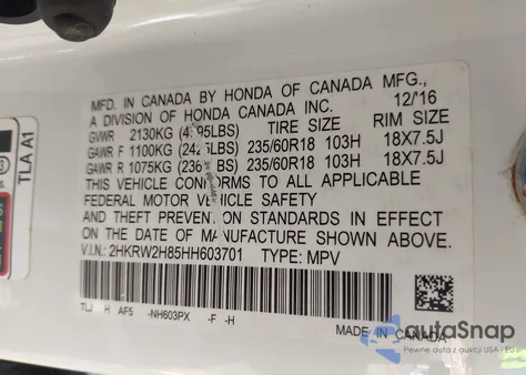 2017 Honda Cr-V Ex-L/Ex-L Navi from USA, damaged, VIN 2HKRW2H85HH603701